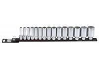 Socket set 1/2 ", 12-sided long (SAE) 15-piece on rail