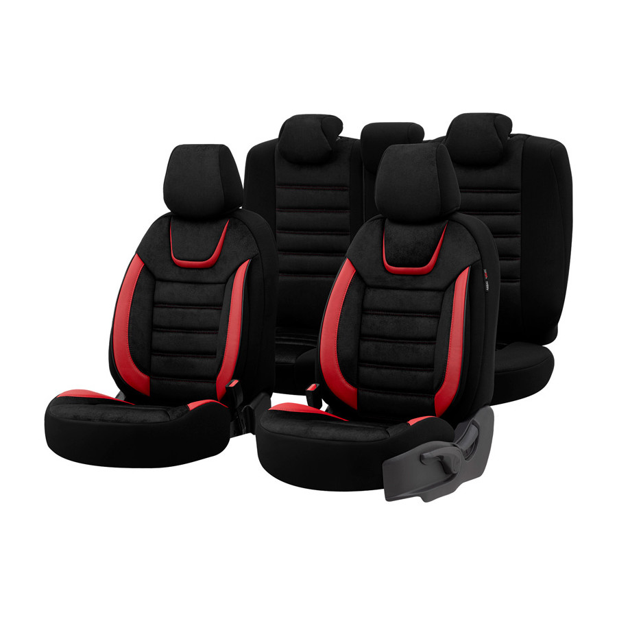 Ensemble de housses de siège universelles en daim/cuir/tissu 'Iconic' noir/rouge - 11 pièces