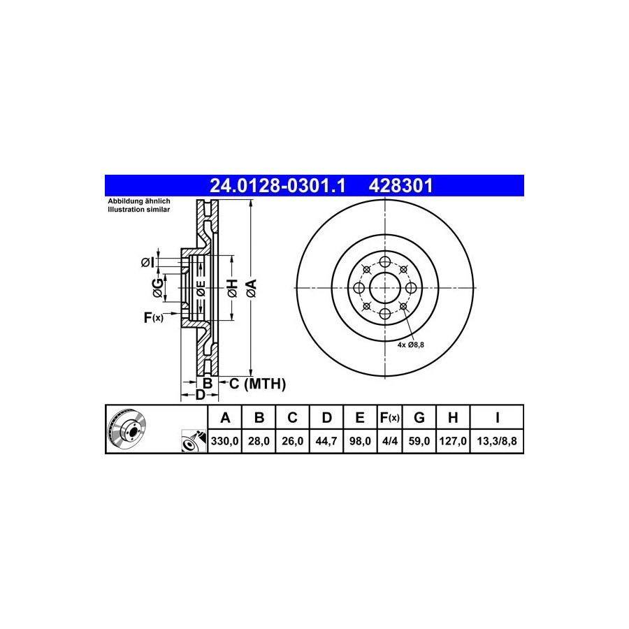Disque de frein ATE 24.0128-0301.1 avant, ventilé, 1 pièce - Image 3