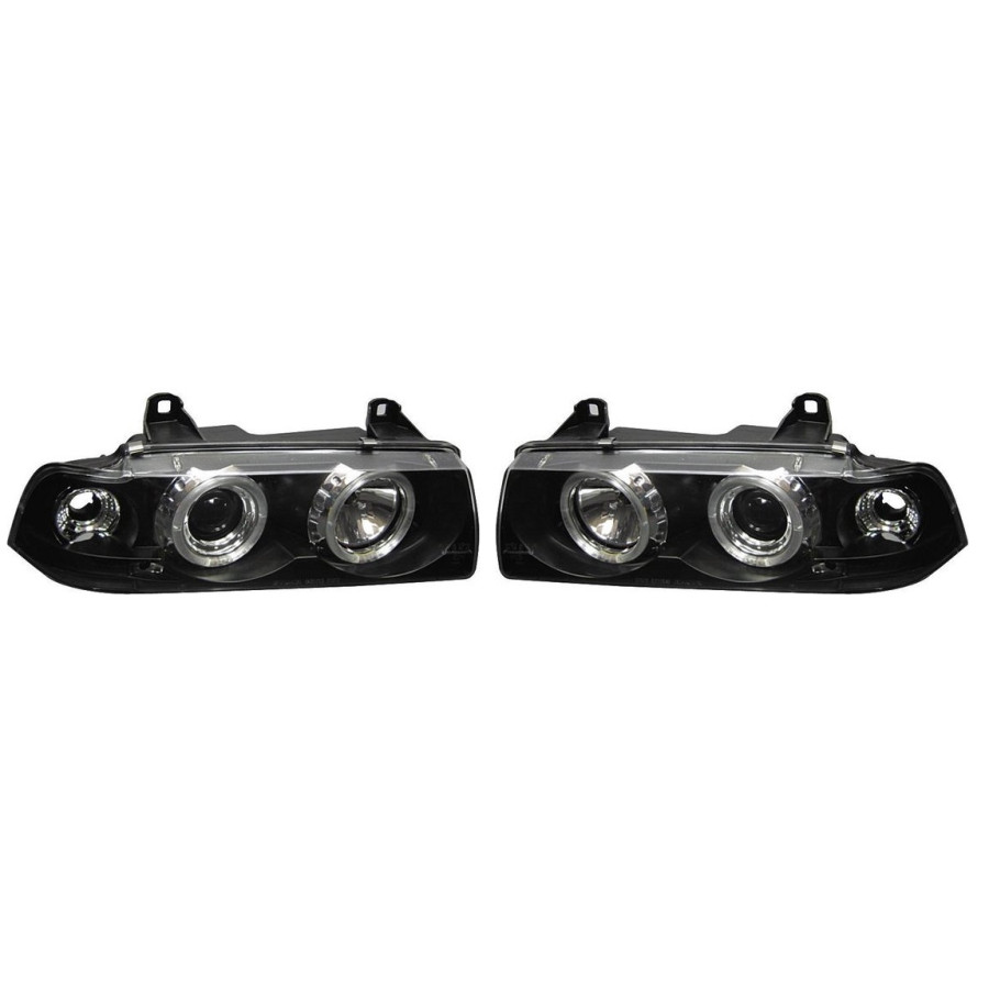 Set de phares pour BMW Série 3 E36 Berline/Touring - Noir - Clignotants & Angel-Eyes inclus