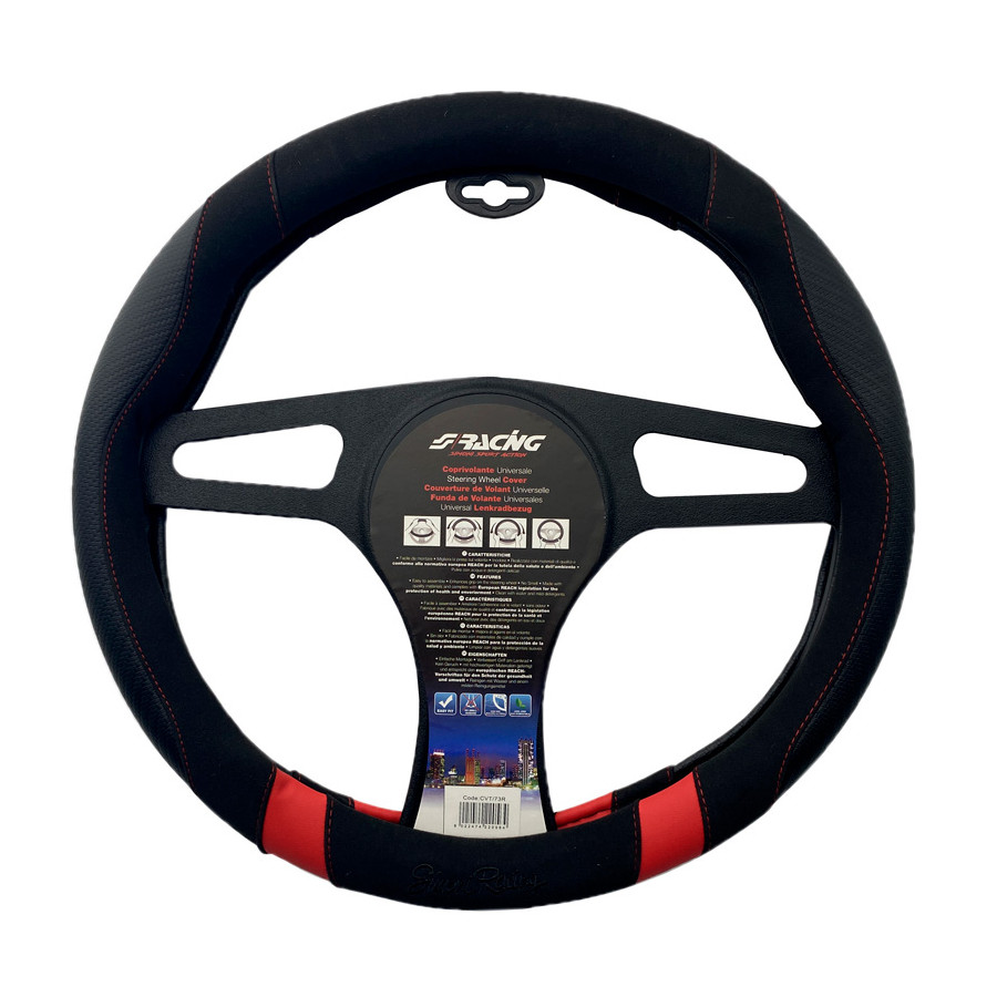 Housse de volant Simoni Racing Good Vibe R - 37-39cm - Noir Eco-Cuir, Microfibre, Look Carbone, Rouge A