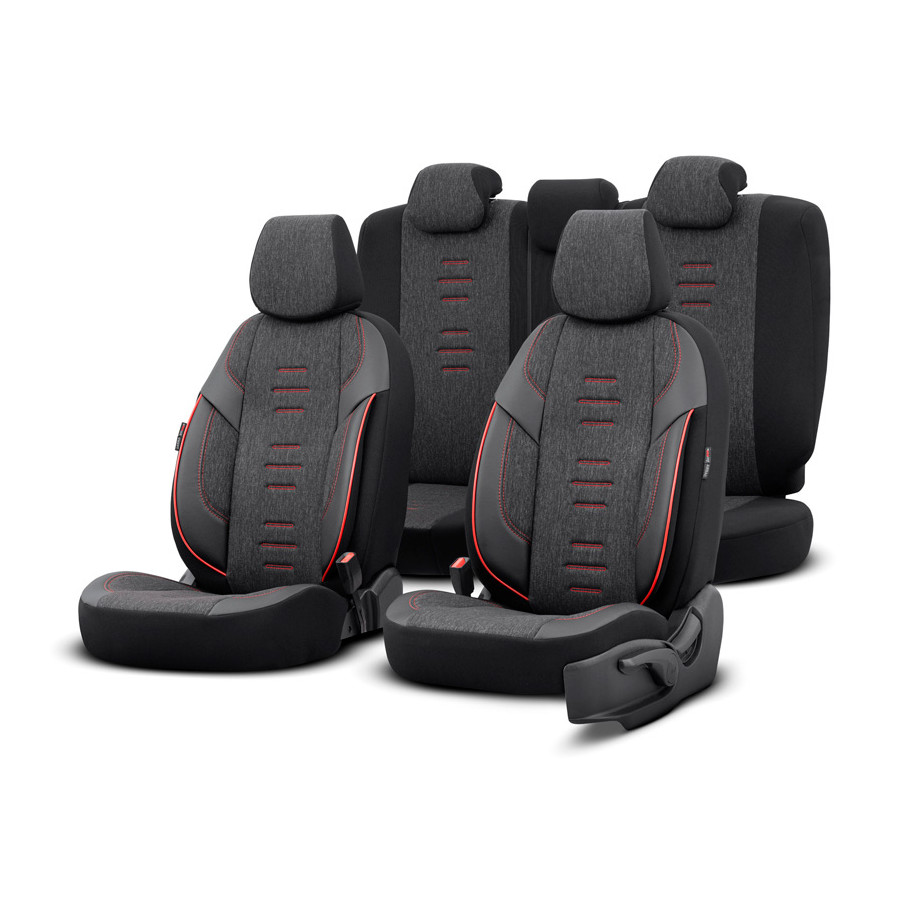 Ensemble de housses de siège universelles en lin/cuir/tissu 'Throne' noir/gris/rouge - 11 pièces - convient po