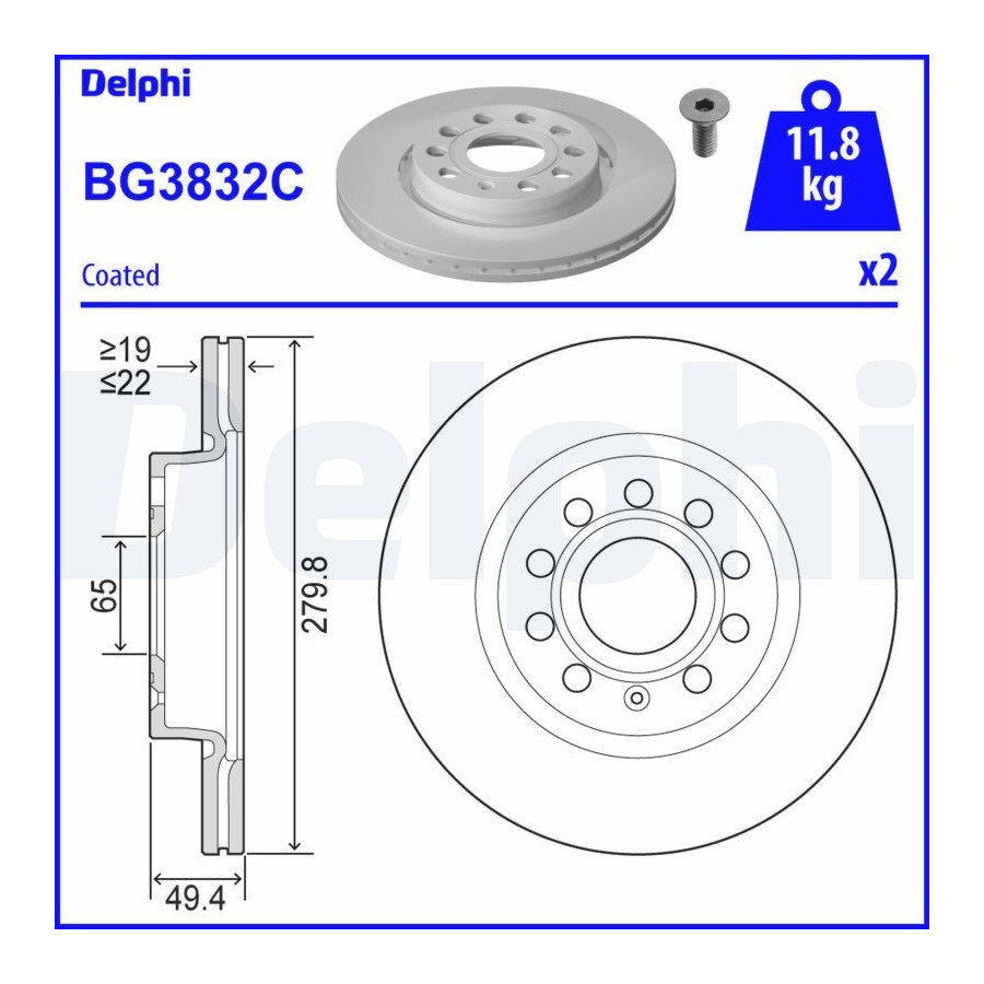 Delphi Disque De Frein Bg3832c Audi;Seat;Skoda;Volkswagen