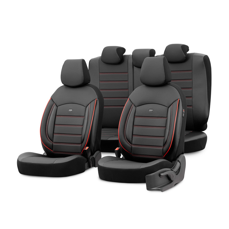 Set de housses de siège universelles en cuir 'Inspire' noir + bord rouge - 11 pièces