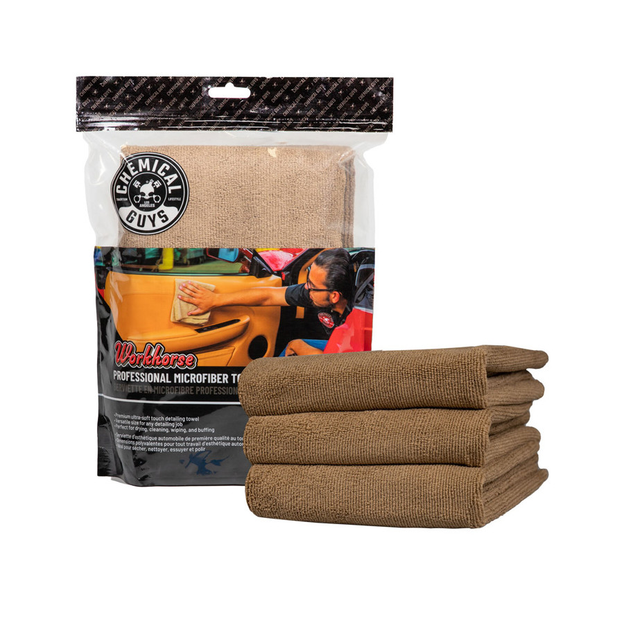 Serviette en microfibre professionnelle Chemical Guys Workhorse - Beige 40 x 40 cm (paquet de 3)