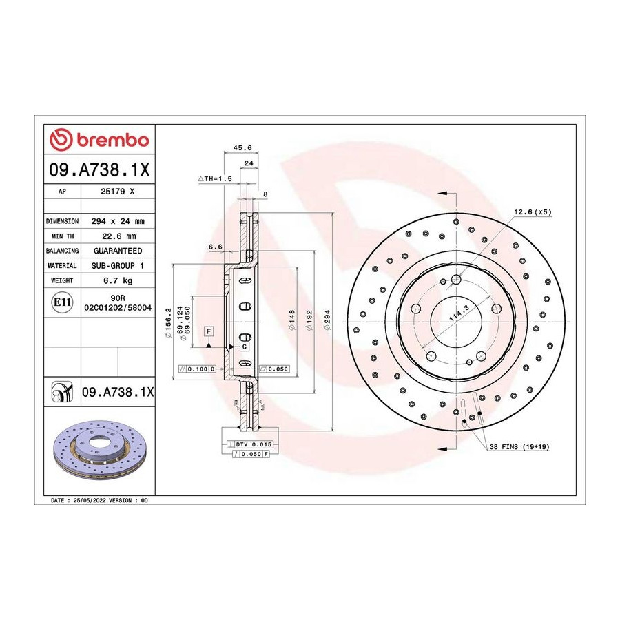 2x Disque de frein perforé/ventilé de l'intérieur 09.A738.1X BREMBO pour CITROËN - Image 4