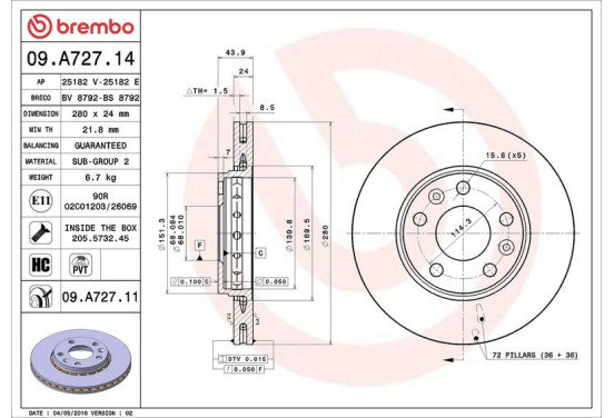 Jeu De 2 Disques De Frein BREMBO 09.A727.14