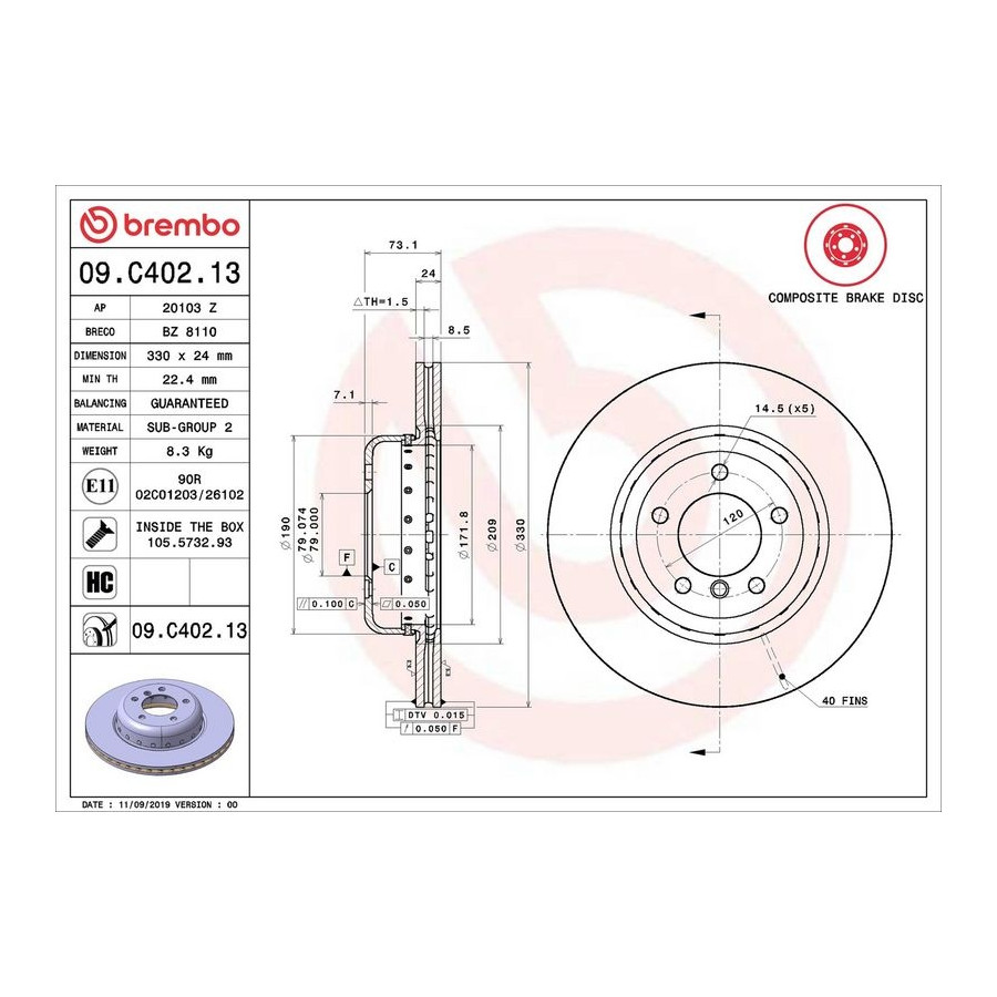 Brembo Disque De Frein 09.C402.13 Bmw