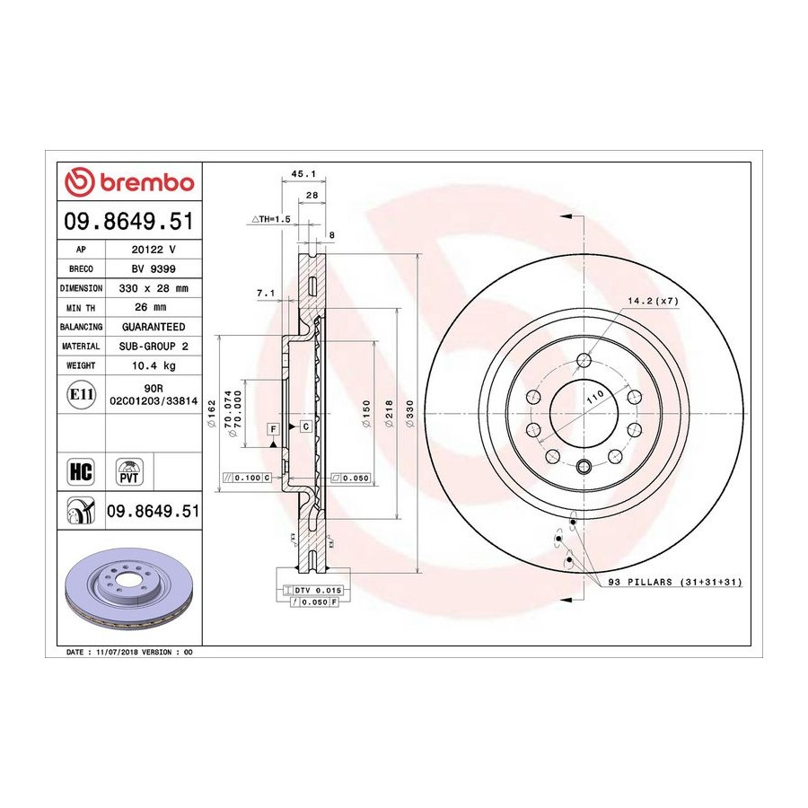 Brembo Disque De Frein 09.8649.51 Opel