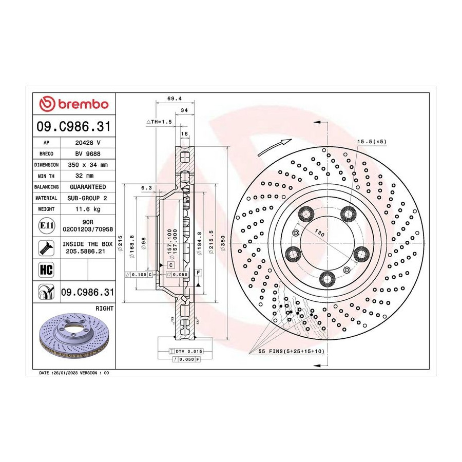 Brembo Disque De Frein 09.C986.31 Porsche
