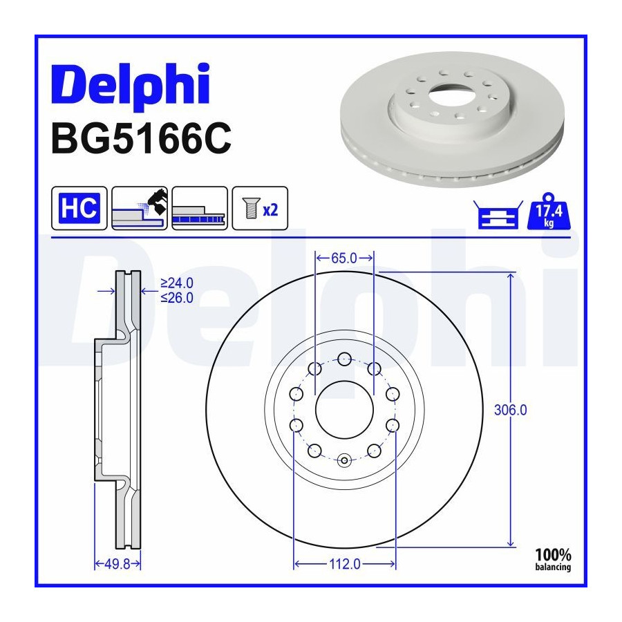 Delphi Disque De Frein Bg5166c Audi;Cupra;Ford;Seat;Skoda;Volkswagen