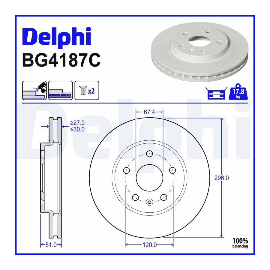 Delphi Disque De Frein Bg4187c Chevrolet;Opel;Saab;Vauxhall