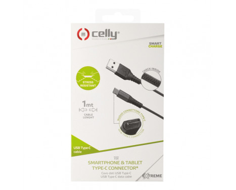 Câble Data Celly USB-C Nylon 1 Mètre Noir, Image 2