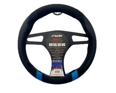 Housse de volant Simoni Racing Good Vibe B - 37-39cm - Noir Eco-Cuir, Microfibre, Look Carbone, Bleu