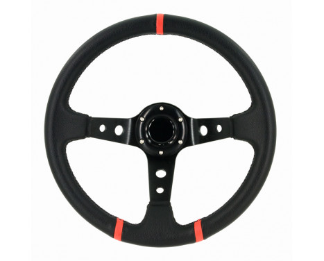 Volant sport universel 'Deep-Dish' - Ø350mm - Cuir noir + Rayons noirs + rayures rouges