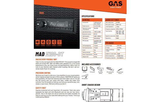 GAS MAD M100BT 1-DIN BT, USB, AUX, Image 2