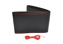 Universele stuurwielhoes Classic - Zwart geperforeerd PVC leder + Rood stiksel (vetersluiting)