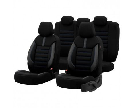 Universal Fabric/Leather Seat Cover Set 'Limited' Black + Blue stitching - 11-piece