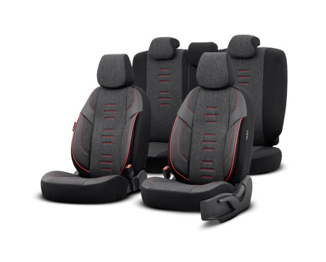 Universal Linen/Leather/Fabric Seat Cover Set 'Throne' Black/Grey/Red - 11-piece - suitable for