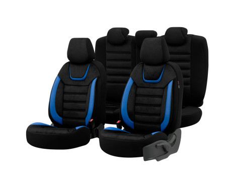 Universal Suede/Leather/Cloth Seat Cover Set 'Iconic' Black/Blue - 11-piece