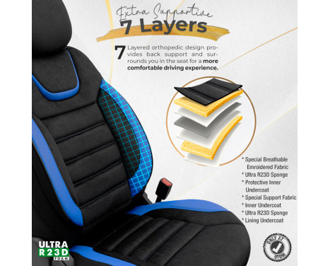 Universal Suede/Leather/Cloth Seat Cover Set 'Iconic' Black/Blue - 11-piece, Image 6