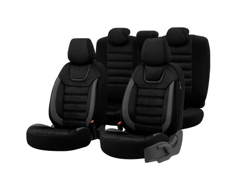 Universal Suede/Leather/Cloth Seat Cover Set 'Iconic' Black/Grey - 11-piece