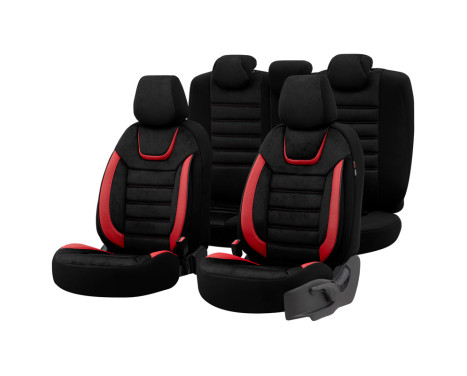 Universal Suede/Leather/Cloth Seat Cover Set 'Iconic' Black/Red - 11-piece