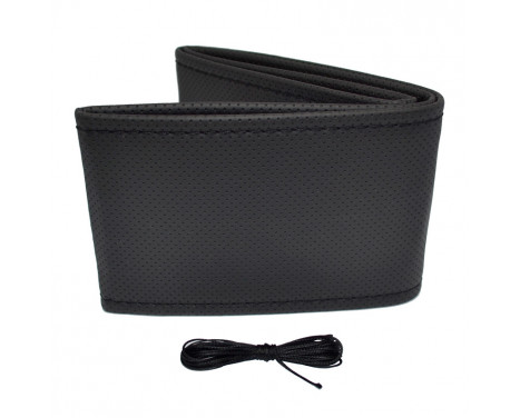 Universal steering wheel cover Classic - Black perforated PVC leather + Black stitching (lace closure)