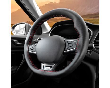 Universal steering wheel cover Classic - Black PVC leather + Red stitching (lace closure), Image 4