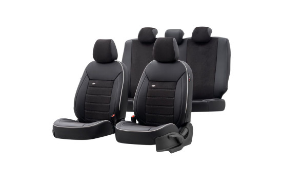 otoM Leather / Velor Seat cover set 'Premium' - Black + White edge - 11-piece