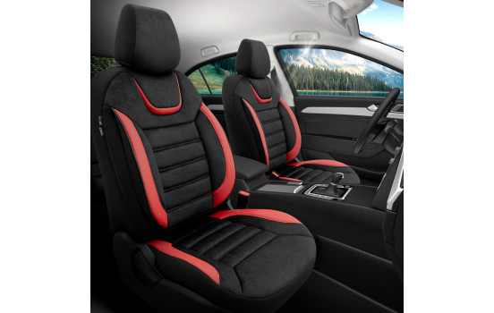 Universal Suede/Leather/Cloth Seat Cover Set 'Iconic' Black/Red - 11-piece, Image 2