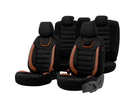 Universal Suede/Leather/Cloth Seat Cover Set 'Iconic' Black/Terracotta - 11-piece