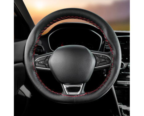 Universal steering wheel cover Classic - Black perforated PVC leather + Red stitching (lace closure), Image 3