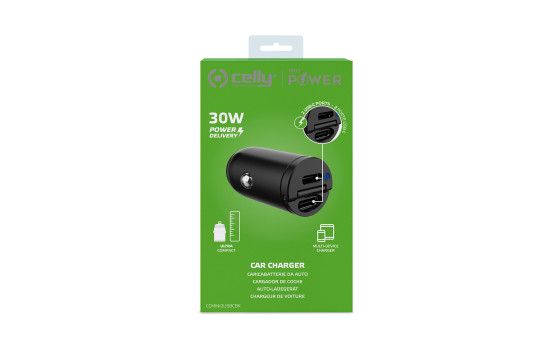 Celly Mini Car Charger 2 USB-C 30W Power Delivery, Image 2