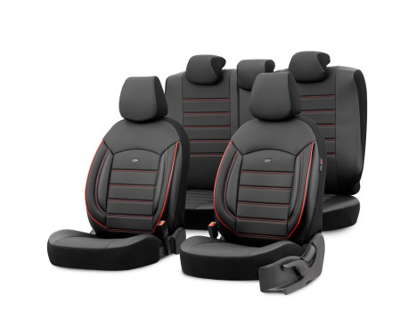 Universal Full Leather Seat Cover Set 'Inspire' Black + Red edge - 11-piece