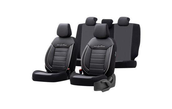 Universal Leather/Cloth Seat Cover Set 'Comfortline' Black/Grey + White edge - 11-piece