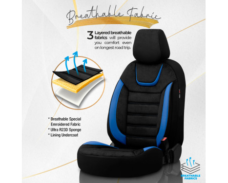 Universal Suede/Leather/Cloth Seat Cover Set 'Iconic' Black/Blue - 11-piece, Image 4