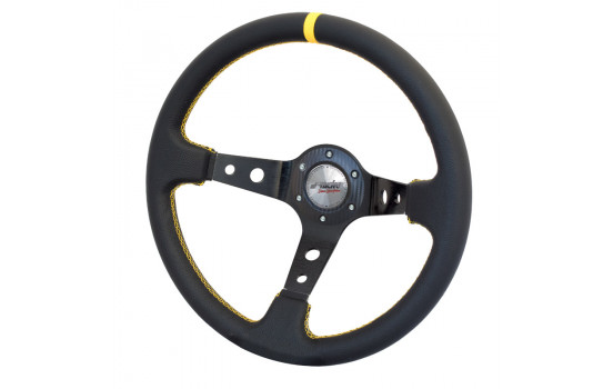 Simoni Racing Sports Handle Spec 350mm - Black Leather + Yellow Stitching (Deep Dish)