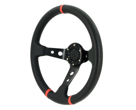 Universal sport steering wheel 'Deep-Dish' - Ø350mm - Black PU Leather + Black spokes + Red Stripes, Image 2