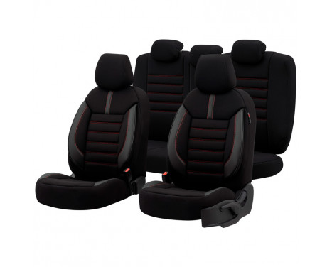 Universal Fabric/Leather Seat Cover Set 'Limited' Black + Red stitching - 11-piece