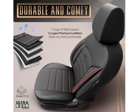 Universal Full Leather Seat Cover Set 'Inspire' Black + Red edge - 11-piece, Image 7