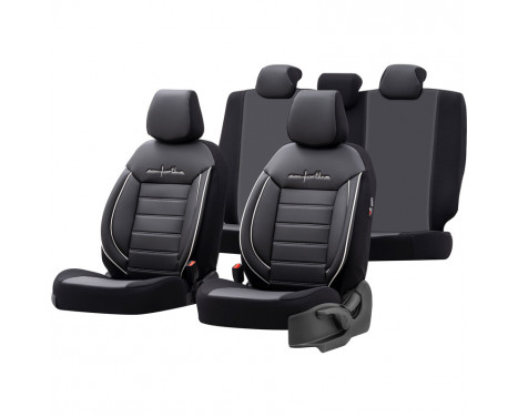 Universal Leather/Cloth Seat Cover Set 'Comfortline' Black/Grey + White edge - 11-piece