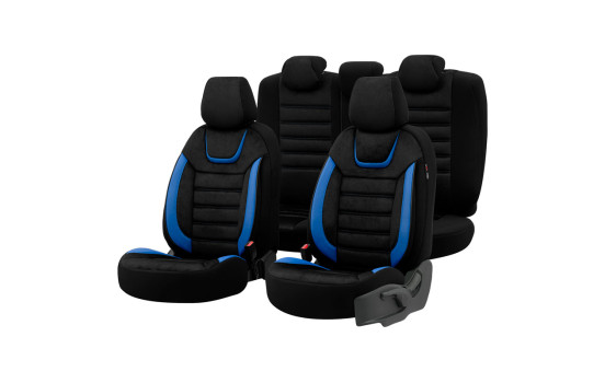 Universal Suede/Leather/Cloth Seat Cover Set 'Iconic' Black/Blue - 11-piece