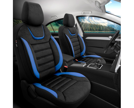 Universal Suede/Leather/Cloth Seat Cover Set 'Iconic' Black/Blue - 11-piece, Image 2