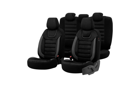 Universal Suede/Leather/Cloth Seat Cover Set 'Iconic' Black/Grey - 11-piece