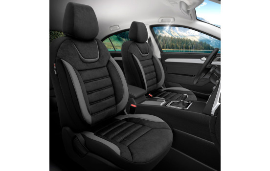 Universal Suede/Leather/Cloth Seat Cover Set 'Iconic' Black/Grey - 11-piece, Image 2