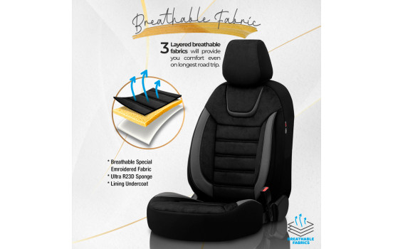 Universal Suede/Leather/Cloth Seat Cover Set 'Iconic' Black/Grey - 11-piece, Image 4