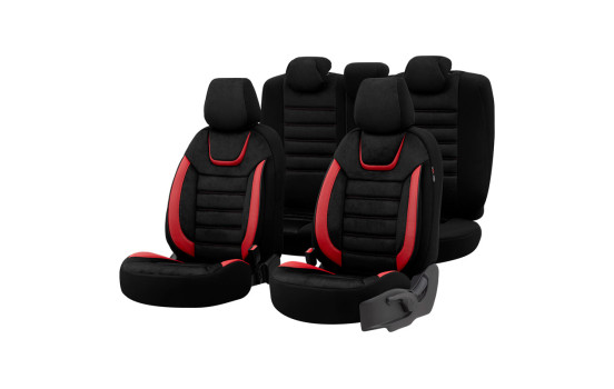 Universal Suede/Leather/Cloth Seat Cover Set 'Iconic' Black/Red - 11-piece