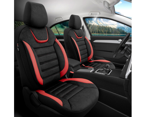 Universal Suede/Leather/Cloth Seat Cover Set 'Iconic' Black/Red - 11-piece, Image 2