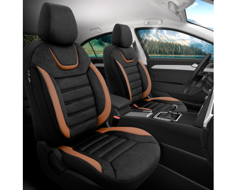 Universal Suede/Leather/Cloth Seat Cover Set 'Iconic' Black/Terracotta - 11-piece, Image 2